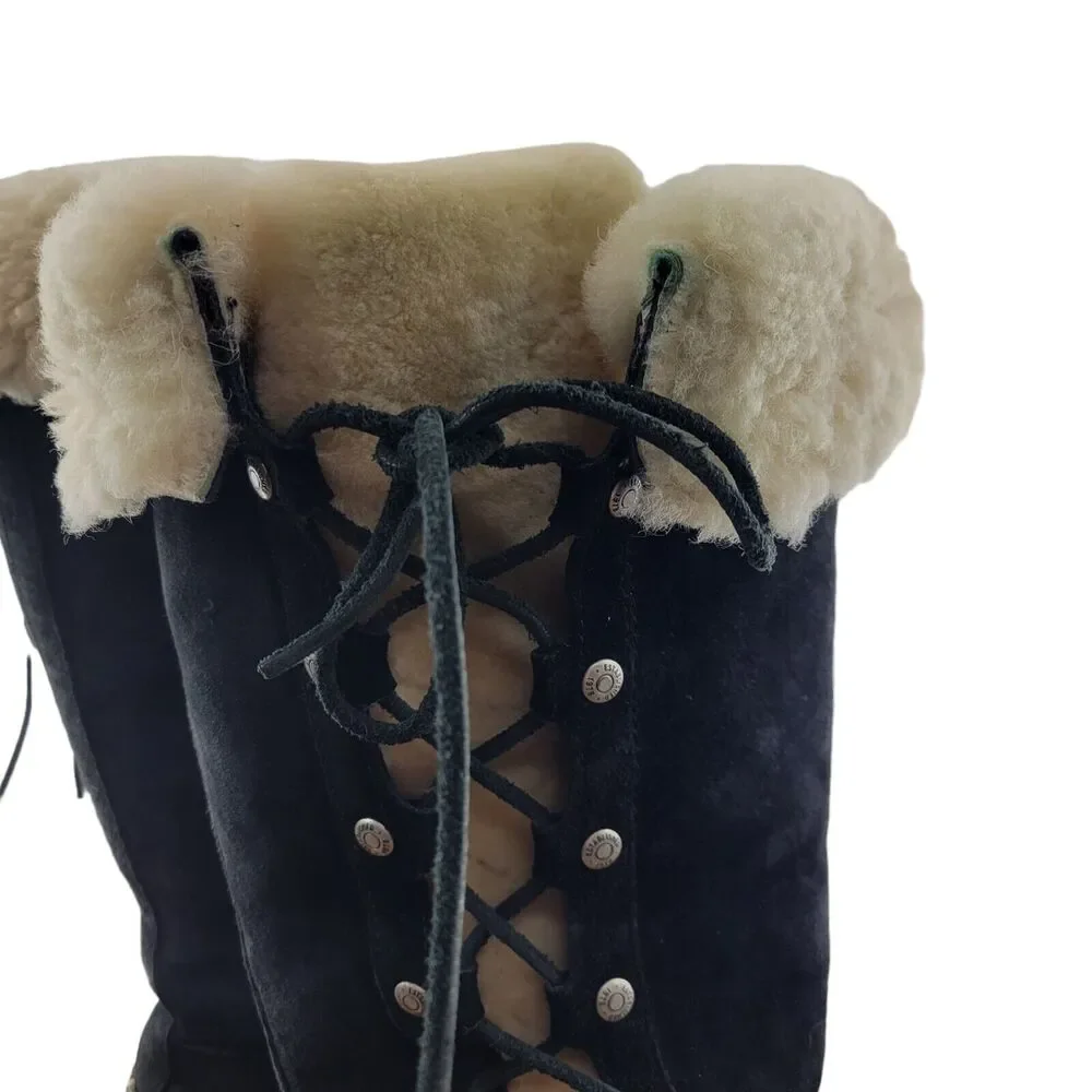 UGG Upside 5163 Boots Size 6 Tall Black Suede Lace Up Sides Studded Sherpa Lined